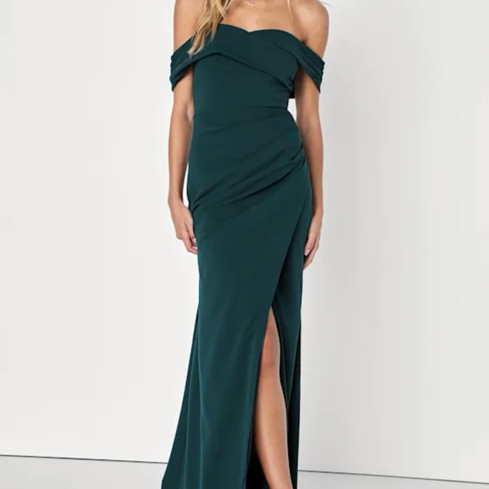Lulu’s High Class Presence Emerald Off-Shoulder Dress